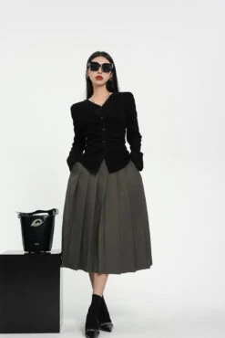Front Pleated Midi Skirt With Back Slit And Belt Loops -Modern Wear Shop bc4a2de8a45d68bf468b234af072ee41
