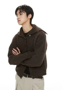 Fold Over Collar Knit Button-Up Cropped Cardigan -Modern Wear Shop bd07f7b8765da6c5265e0c0a39c5649c