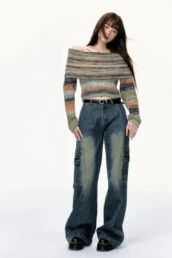 Striped Knit Off-Shoulder Multicolor Sweater -Modern Wear Shop bd3aade99bad5b25a90607edd708265b