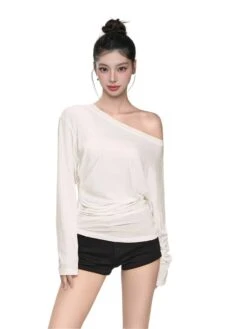 Asymmetric Off Shoulder Ruched Long Sleeve Top
