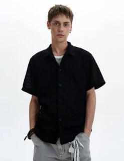 Textured Open-Knit Short Sleeve Button-Up Shirt With Patch Pockets -Modern Wear Shop bdabe4dd7befada07f614c53d3ddb22c