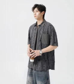 Slim Distressed Textured Button-Down Short Sleeve Shirt -Modern Wear Shop bdac29a1c55fbcae9ae33468f2d7283e
