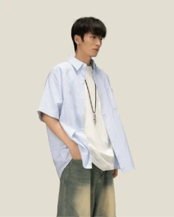 Pinstripe Short Sleeve Button-Up Shirt With Chest Pocket -Modern Wear Shop bdea00e615e1c9dcd7efe6cd4cd4b653