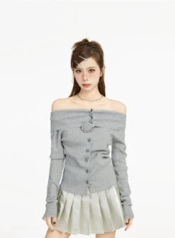 Off Shoulder Long Sleeve Button Top With Flower Applique