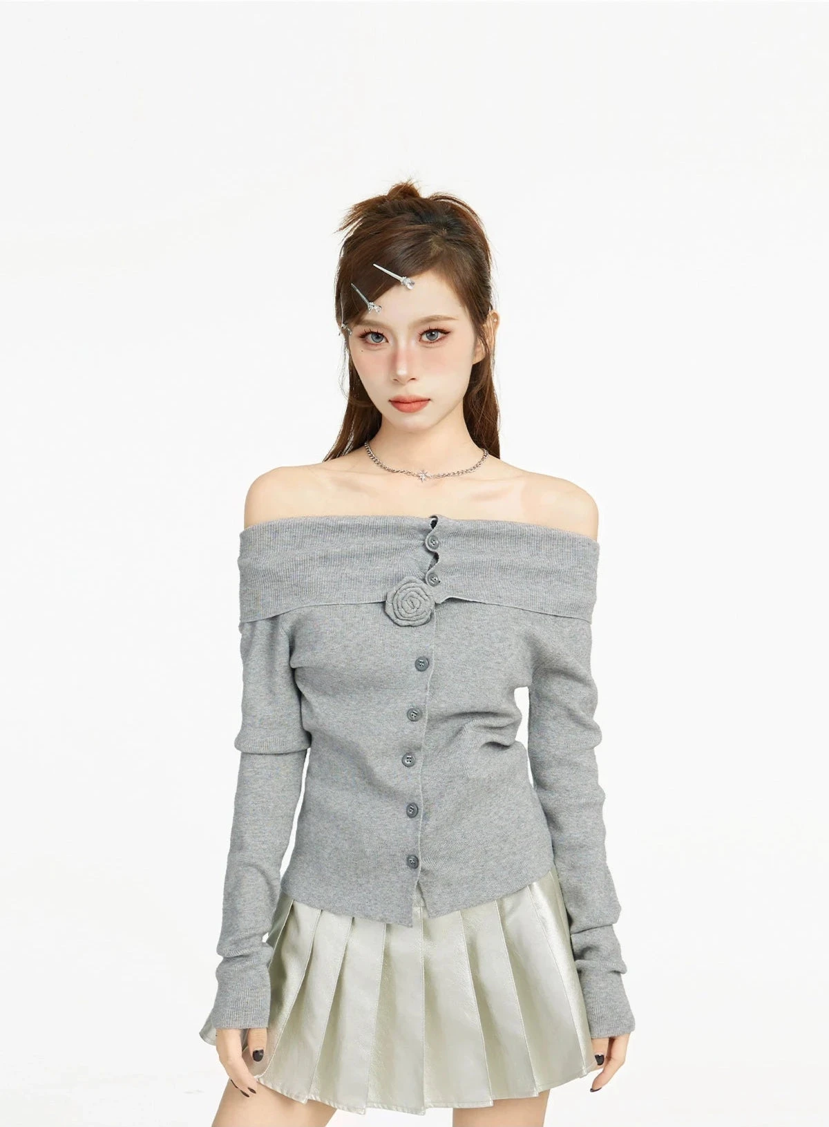 Off Shoulder Long Sleeve Button Top With Flower Applique 1 Off Shoulder Long Sleeve Button Top With Flower Applique