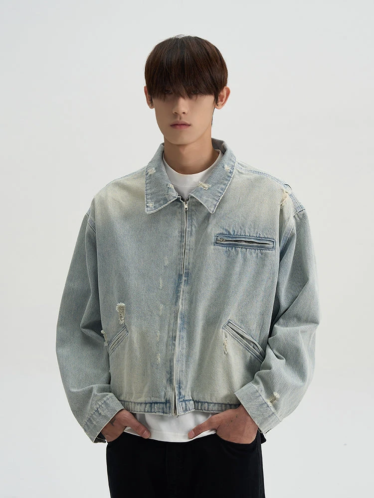 Distressed Mid-Crop Faded Denim Zip-Up Jacket 2 Distressed Mid-Crop Faded Denim Zip-Up Jacket - Image 2