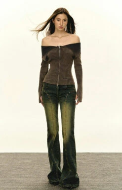 Off-Shoulder Ribbed Gradient Knit Zip-up Sweater 23 Off-Shoulder Ribbed Gradient Knit Zip-up Sweater -Modern Wear Shop be5b8182ab4071cd5529b9d7fa9d46c1