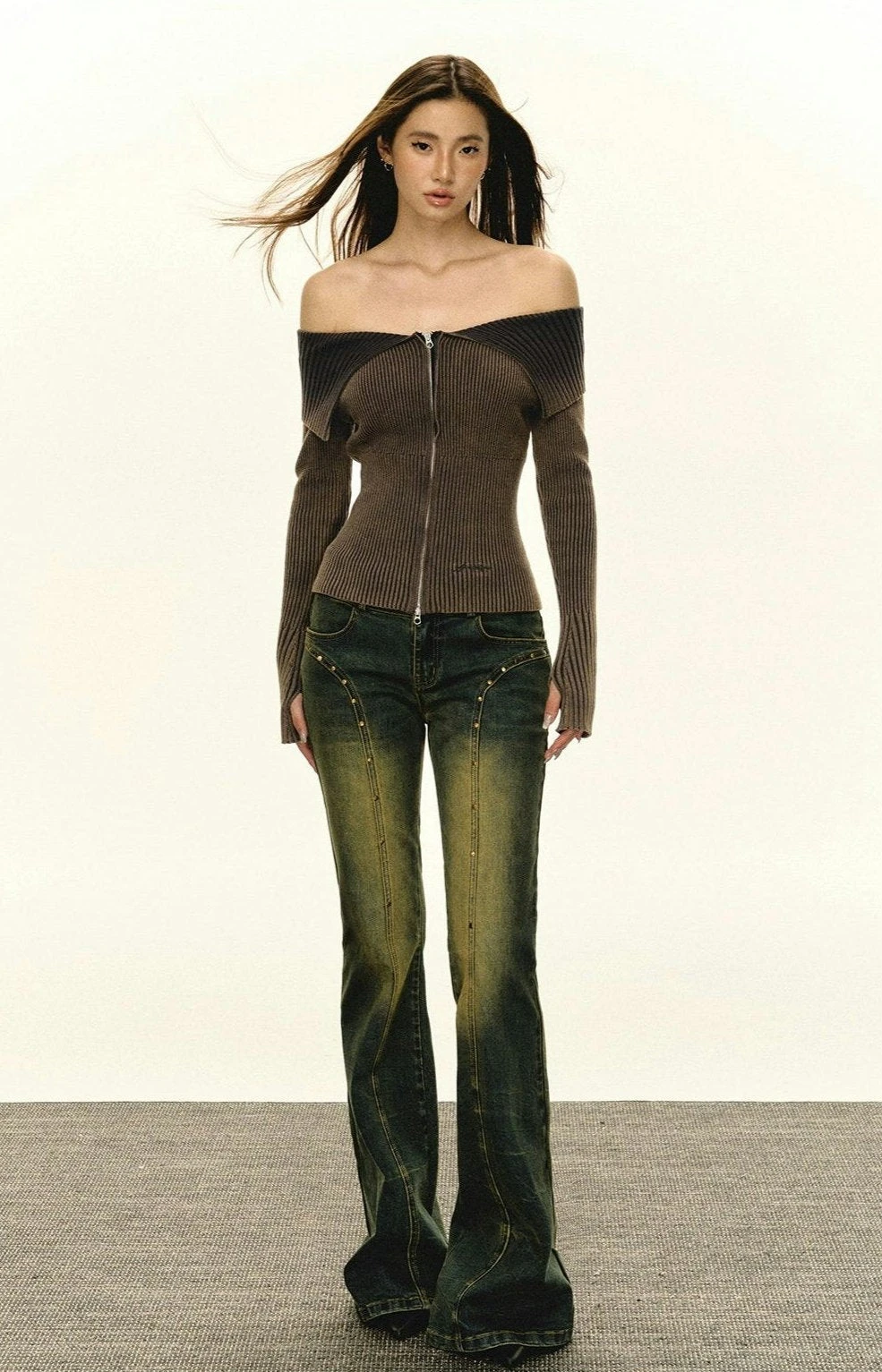 Off-Shoulder Ribbed Gradient Knit Zip-up Sweater 11 Off-Shoulder Ribbed Gradient Knit Zip-up Sweater - Image 11