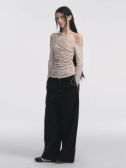 Asymmetric Ruched Off-Shoulder Long Thumbhole Sleeve Top -Modern Wear Shop be793222959a1dbf77b0c308d467f5a8