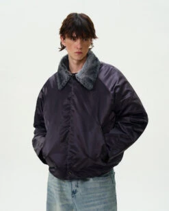 Contrast Faux Fur Collar Glossy Snap Button Bomber Jacket -Modern Wear Shop bea99f4698273d816906f7dacccad27f