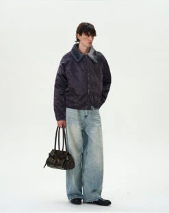 Contrast Faux Fur Collar Glossy Snap Button Bomber Jacket -Modern Wear Shop bec2f8cc98f77141a60ff7a8ebc79ed7