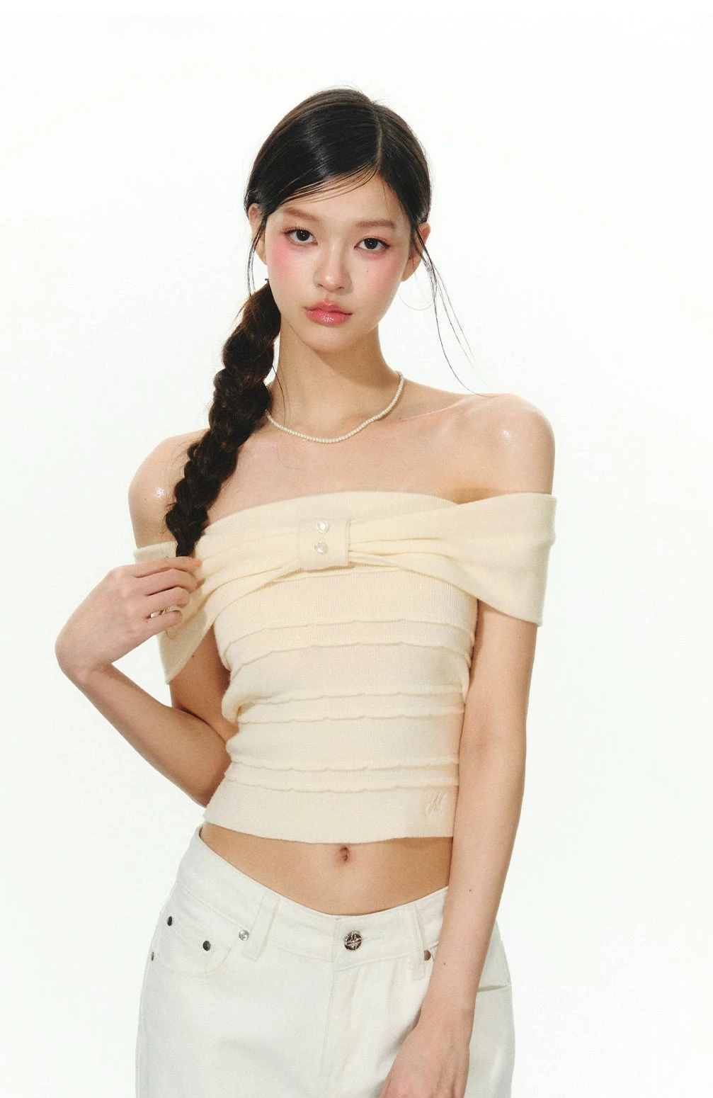 Off Shoulder Crop Top With Layered Detail And Pearl Accent 2 Off Shoulder Crop Top With Layered Detail And Pearl Accent - Image 2