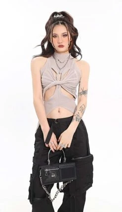 Ribbed Twisted Cutout Split Hem Top -Modern Wear Shop beebb57e3165b7a912f7edffea48e497