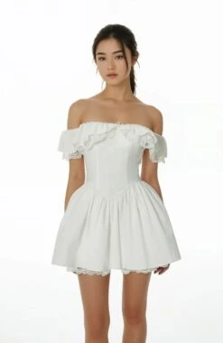 Off Shoulder Ruffle Lace Trim Corset Bodice Mini Dress