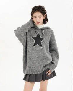 Oversized Star Patchwork Knit Hoodie Sweater -Modern Wear Shop bf049867c2f1381f344ed01d5dac4d47
