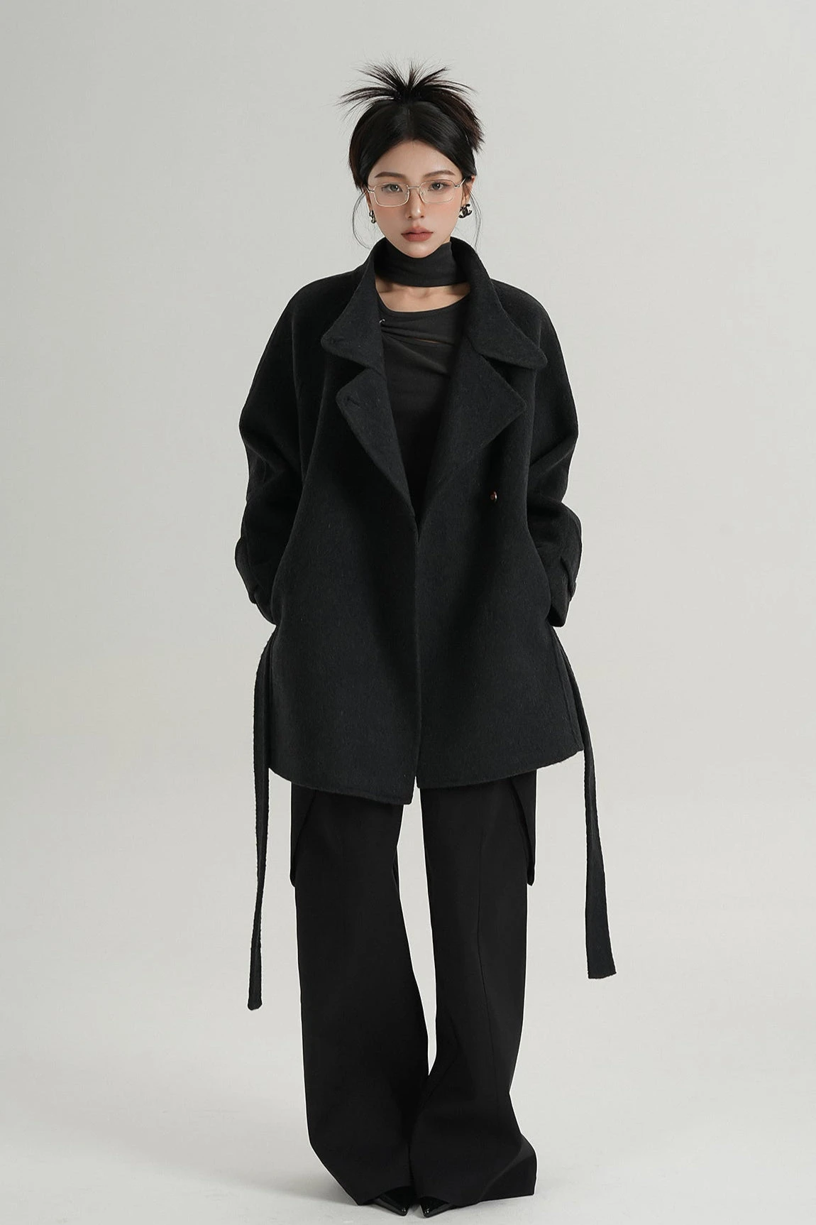 High Collar Asymmetric Button Coat With Belt 5 High Collar Asymmetric Button Coat With Belt - Image 5