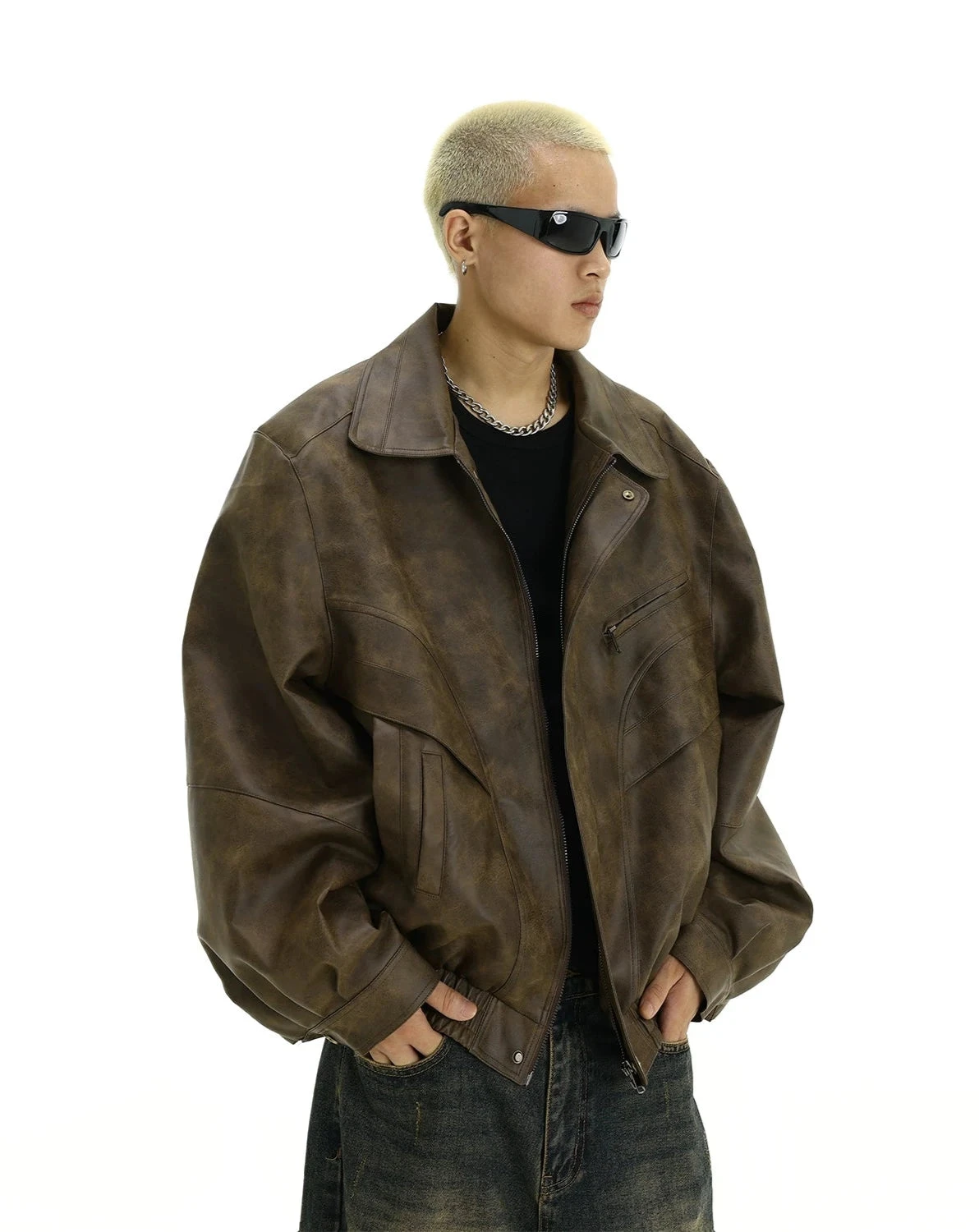 Oversized Faux Leather Panelled Collared Bomber Jacket 5 Oversized Faux Leather Panelled Collared Bomber Jacket - Image 5