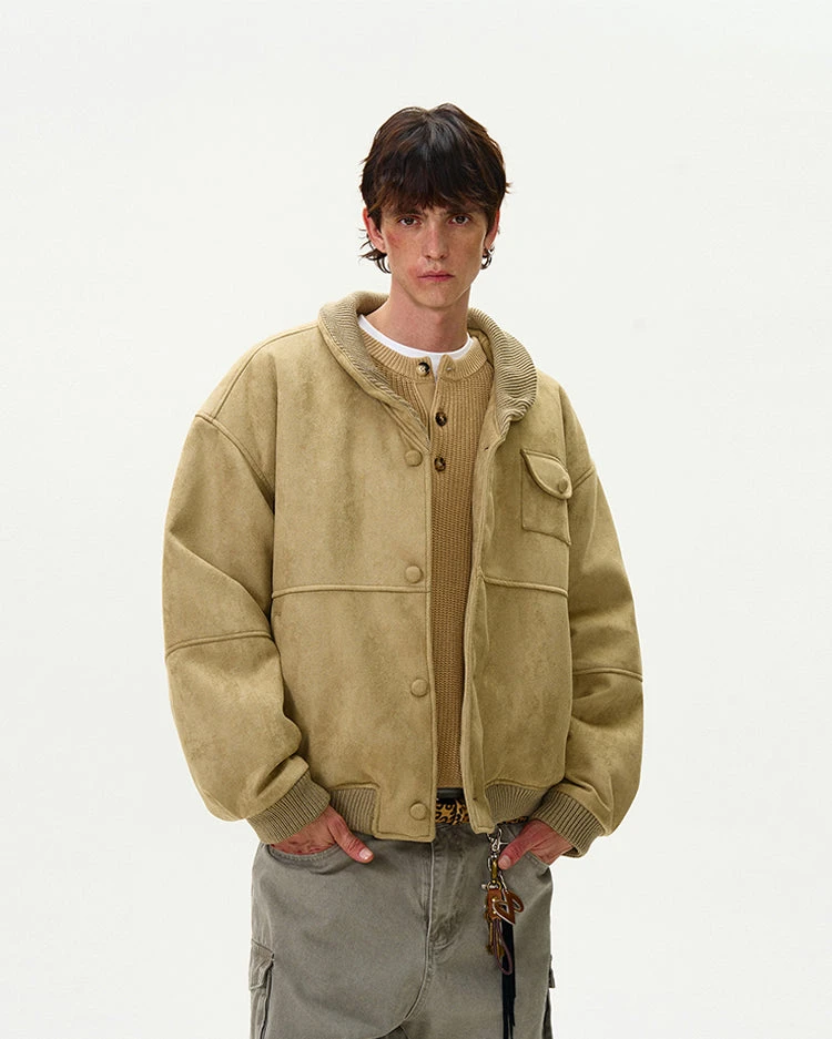 Oversized Suede Bomber Jacket With Button Pocket 8 Oversized Suede Bomber Jacket With Button Pocket - Image 8