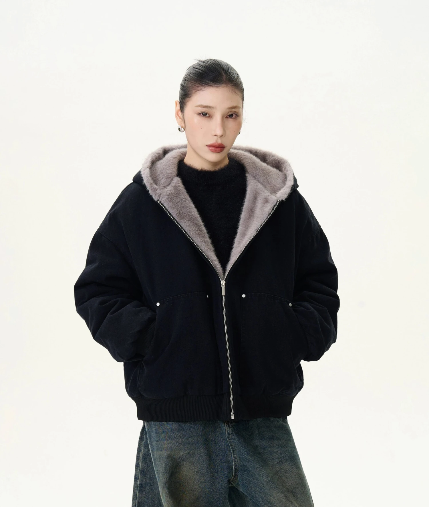 Faux Fur Lined Bomber Jacket With Pockets 2 Faux Fur Lined Bomber Jacket With Pockets - Image 2