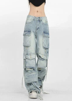 Patchwork Denim Cargo Pants With Strap Details