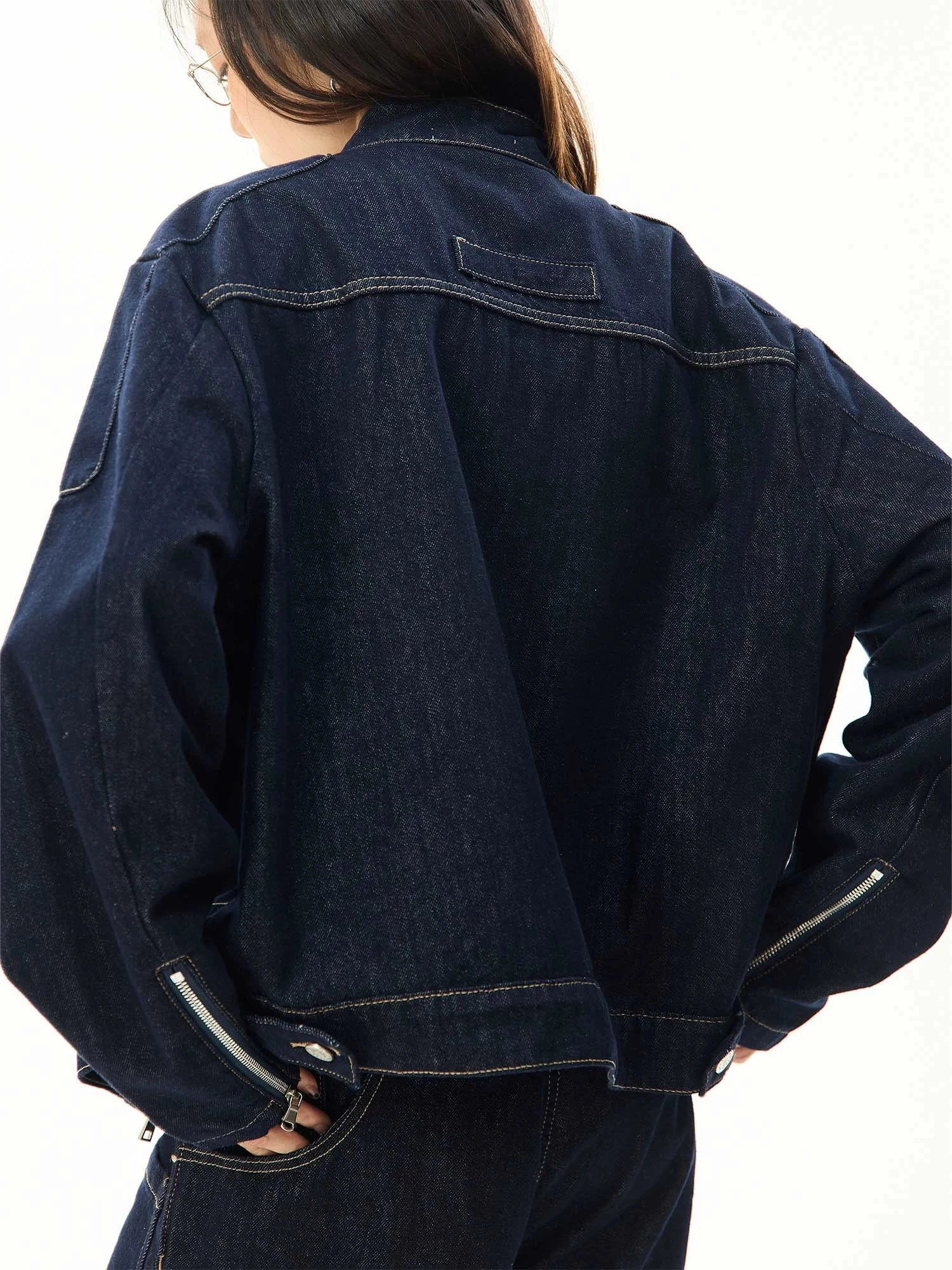 Oversized Contrast Stitch Denim Zip Jacket 7 Oversized Contrast Stitch Denim Zip Jacket - Image 7
