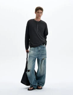 Textured Long Sleeve Sheer Henley Top With Button Detail -Modern Wear Shop c04974d6e43cff07c9be64f543de5e28