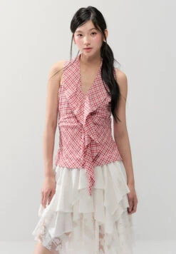 Sleeveless Checker Ruffle Front Tie Halter Top