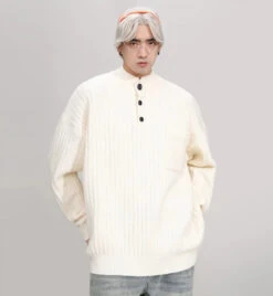 Mock Neck Ribbed Knit Sweater With Chest Pocket
