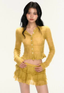 Sheer Ruffle Hem Button Knit Top And Tiered Mini Skirt Two-Piece Set