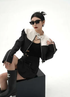 Color Block Cropped Moto Zip Up Jacket -Modern Wear Shop c1064a9c9516cc4c42cdf2055933c9ea