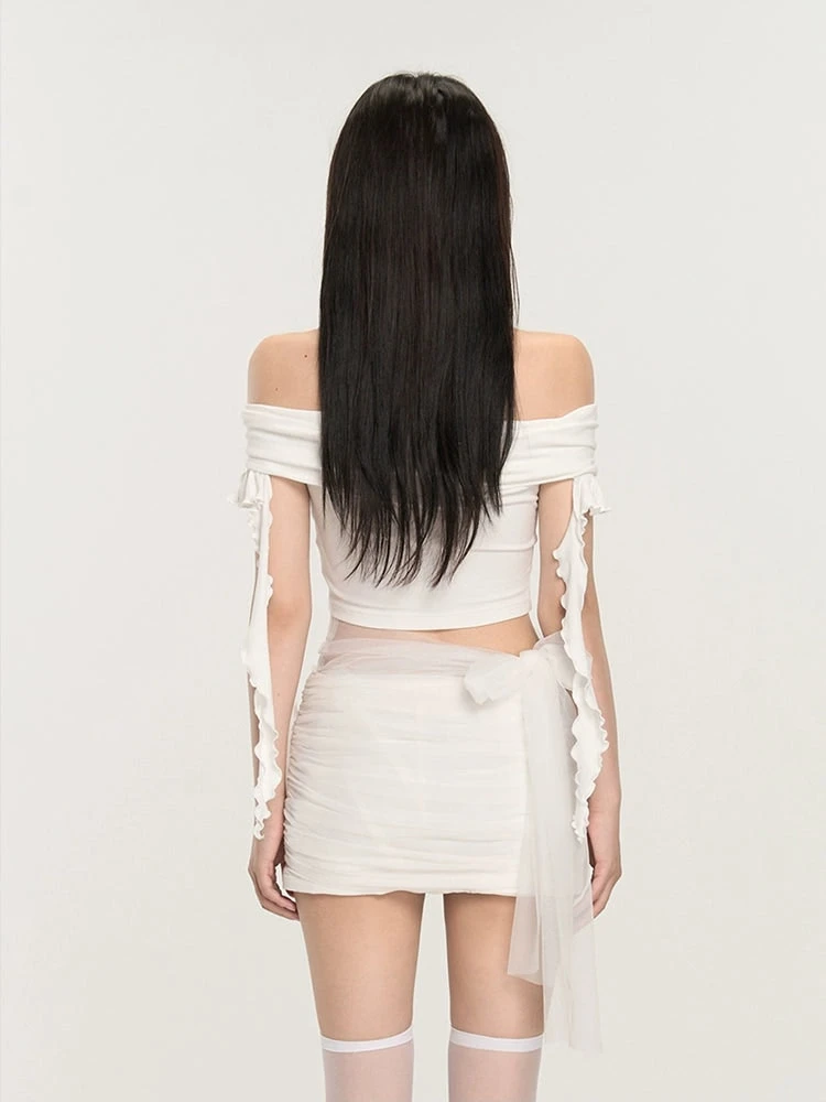 Off-Shoulder Ruched Crop Top With Tie Sleeves 10 Off-Shoulder Ruched Crop Top With Tie Sleeves - Image 10