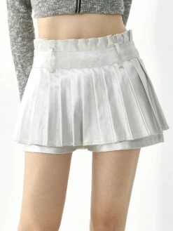 Metallic Pleated Mini Tennis Skirt With Elastic Waistband