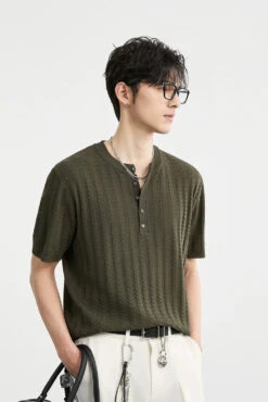 Textured Knit Ribbed Trim Half Button Short Sleeve Shirt -Modern Wear Shop c1d781e307606785b32575a81c1de4d3