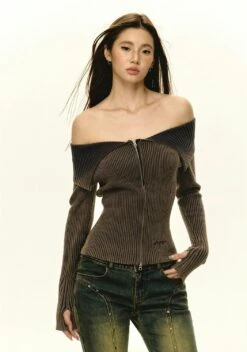 Off-Shoulder Ribbed Gradient Knit Zip-up Sweater 15 Off-Shoulder Ribbed Gradient Knit Zip-up Sweater -Modern Wear Shop c211fae6cc3b5209c51fd9c5bc7b5d04