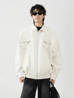 Oversized Leather Collared Bomber Jacket With Zip Pockets -Modern Wear Shop c27d7a2cce67c994e35c96503f74ede8