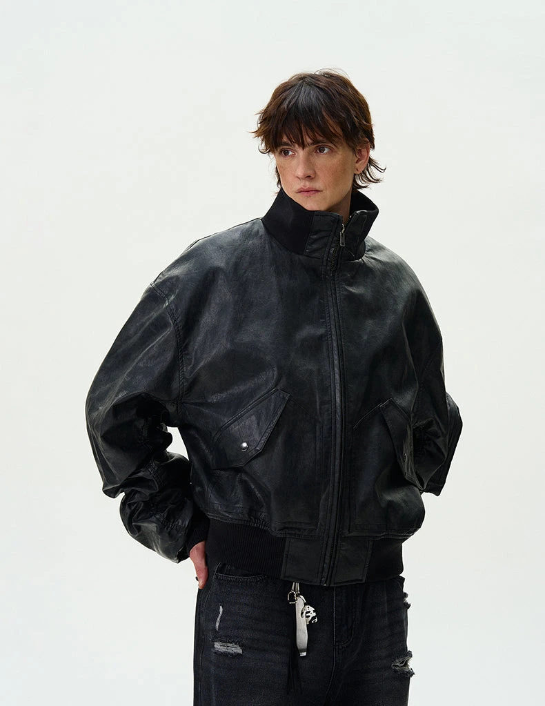 Oversized Faux Leather Mid Crop Bomber Jacket With Sleeve Zip Pocket 6 Oversized Faux Leather Mid Crop Bomber Jacket With Sleeve Zip Pocket - Image 6