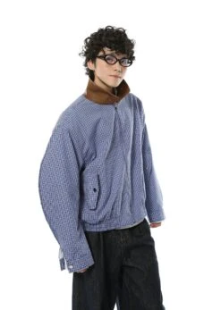 Gingham Two-Tone High-Collar Zip Bomber Jacket -Modern Wear Shop c30704a10792c77814390a303c56edec