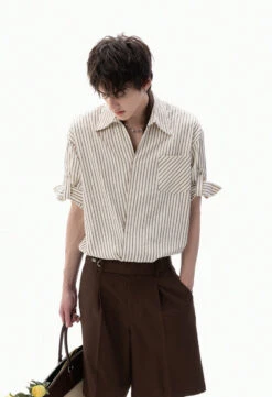 Stripe Overlap Short Sleeve Button-Up Shirt With Chest Pocket -Modern Wear Shop c30a57590ba3a196d5da59753c1626f4
