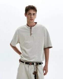 Contrast Stitch Trim Henley Neck Short Sleeve Top