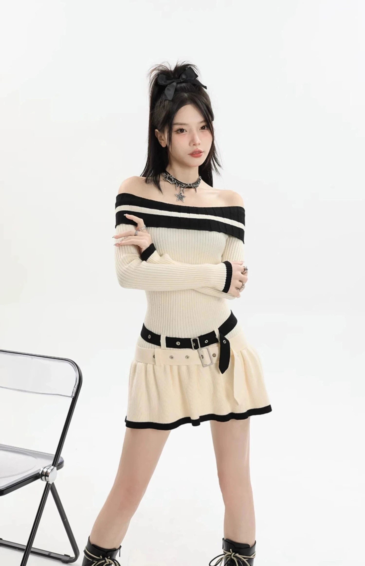 Contrast Trim Off-Shoulder Knit Midi Dress With Double Belt Detail 4 Contrast Trim Off-Shoulder Knit Midi Dress With Double Belt Detail - Image 4