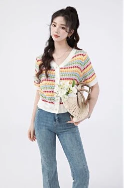 Stripe Cropped Ribbed Hem Cardigan -Modern Wear Shop c37b53a26f800580f8ddac2e5a329a33