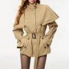 Oversized Stand Collar Trench Coat With Cape And Belt