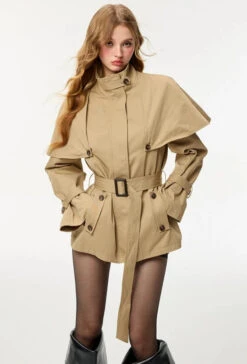 Oversized Stand Collar Trench Coat With Cape And Belt