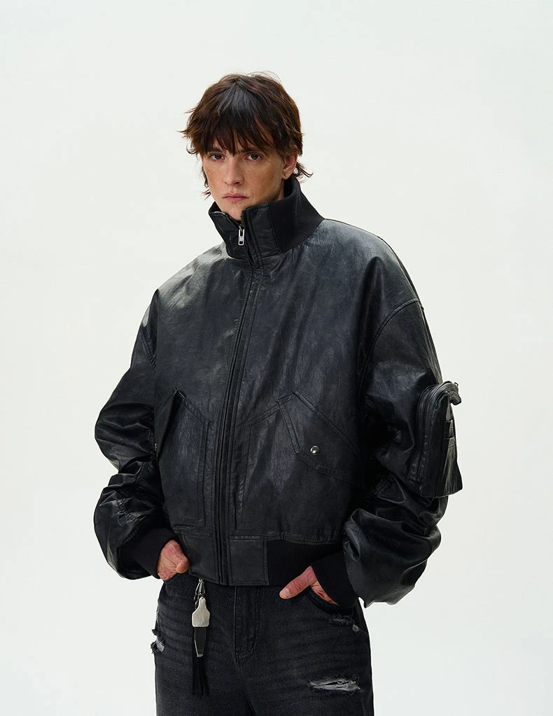 Oversized Faux Leather Mid Crop Bomber Jacket With Sleeve Zip Pocket 3 Oversized Faux Leather Mid Crop Bomber Jacket With Sleeve Zip Pocket - Image 3