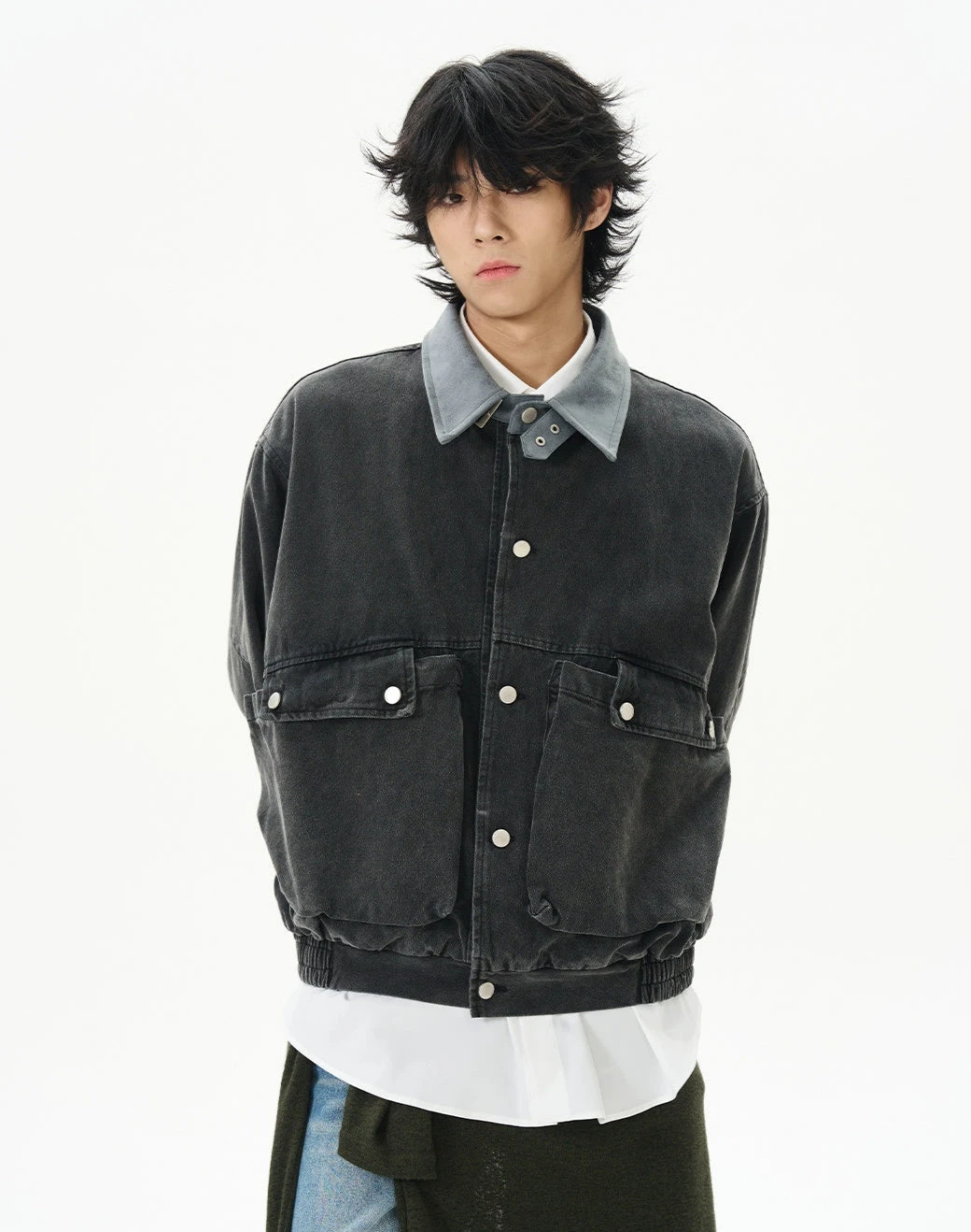 Oversized Worker Button Jacket With Contrast Collar 6 Oversized Worker Button Jacket With Contrast Collar - Image 6