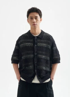 Open Knit Button-Up Shirt With Ribbed Hem -Modern Wear Shop c42bb53621250e96116f53e493c2c53a