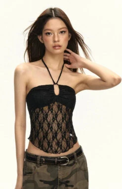 Lace Overlay Mesh Halter Neck Crop Top -Modern Wear Shop c4362e3b6b052d598225d501a679484c