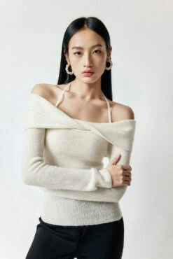 Off-Shoulder Ribbed Long Sleeve Halter-Neck Sweater Top -Modern Wear Shop c458deabdc5bcf6037c0ec1fd1712137
