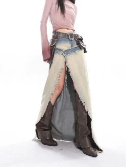 Distressed Trim Denim Patchwork Maxi High Slit Skirt -Modern Wear Shop c4a7ee1e9ab8d6fc3a53481fb64be268