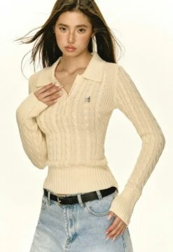 Half-Button Cable Knit Collared Pullover -Modern Wear Shop c4b6b2e469a1dee045e197c0161d4897